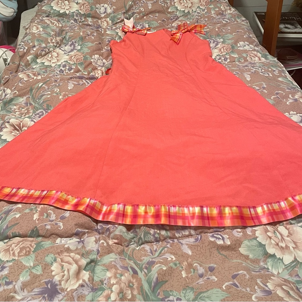 Coral Dress with Plaid Trim
